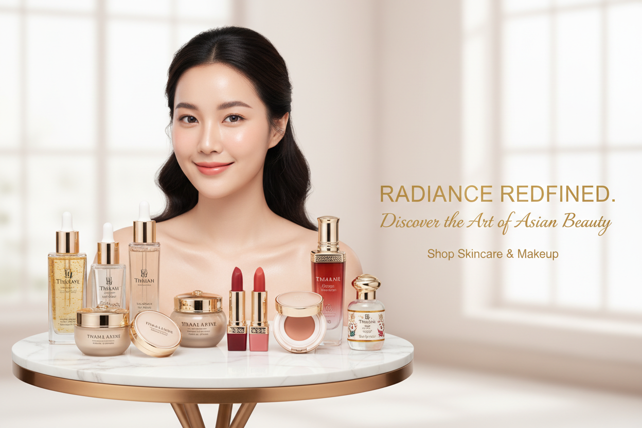 “A luxurious beauty banner featuring a stunning Asian woman with glowing, flawless skin, surrounded by elegant Thai and Korean skincare and makeup products — including serums, lipsticks, and face creams — arranged aesthetically on a marble table with a golden accent. Soft natural lighting, minimal background, modern and premium look — perfect for the homepage of a high-end beauty store.”