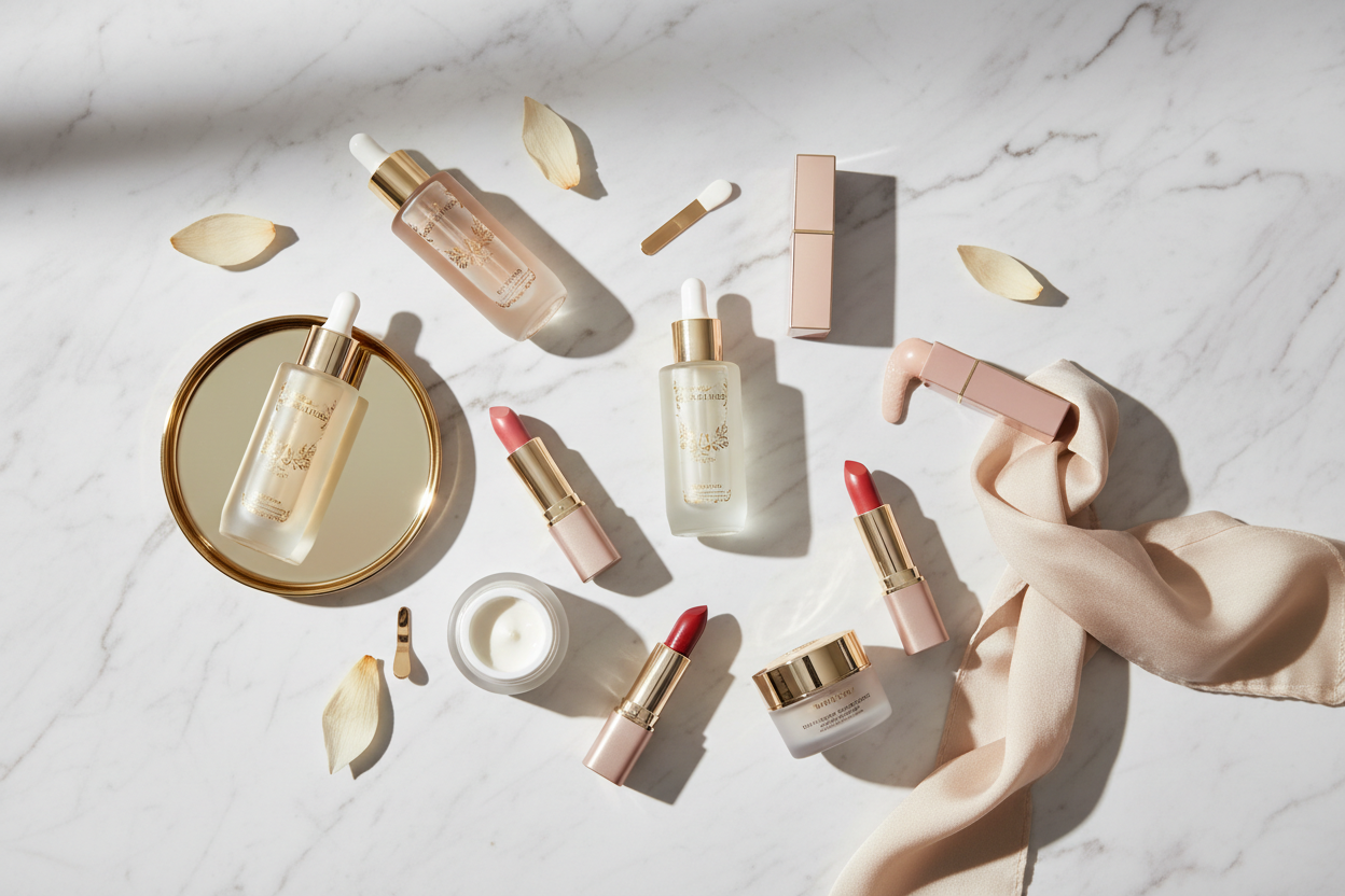 Banner 3 – Luxury Mix (Korean & Thai Beauty)

“Flat lay composition of mixed Korean and Thai beauty products — serums, lipsticks, and moisturizers — arranged beautifully on a marble surface with gold and beige tones. Add subtle shadows and soft lighting for a premium, elegant look matching a luxury brand aesthetic.”
