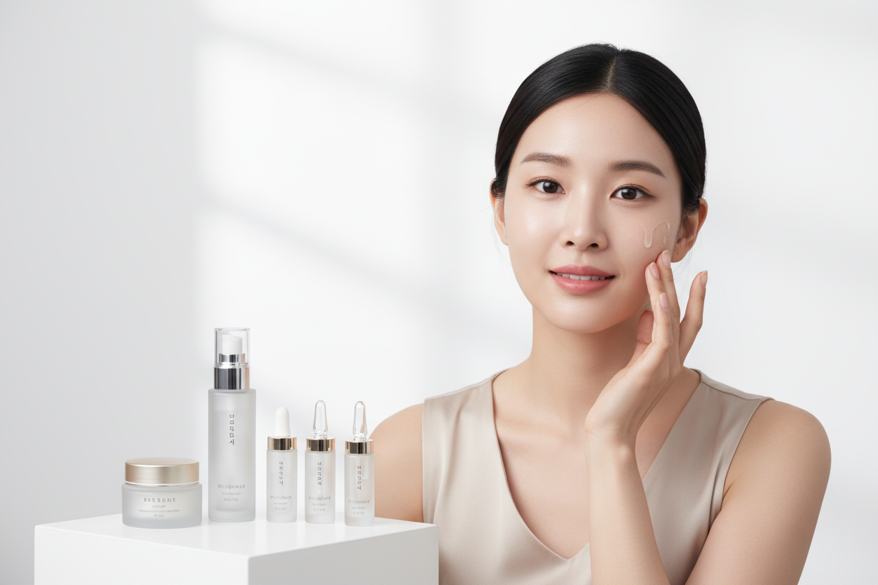 “Close-up portrait of a beautiful Korean woman with smooth, radiant skin applying serum on her cheek. Minimal white background with elegant Korean skincare products beside her — including essence bottles, creams, and ampoules. Soft lighting, modern luxury vibe, clean aesthetic.”